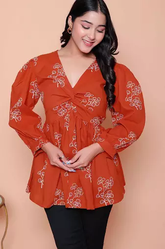 rust floral printed balloon sleeve dress for women
