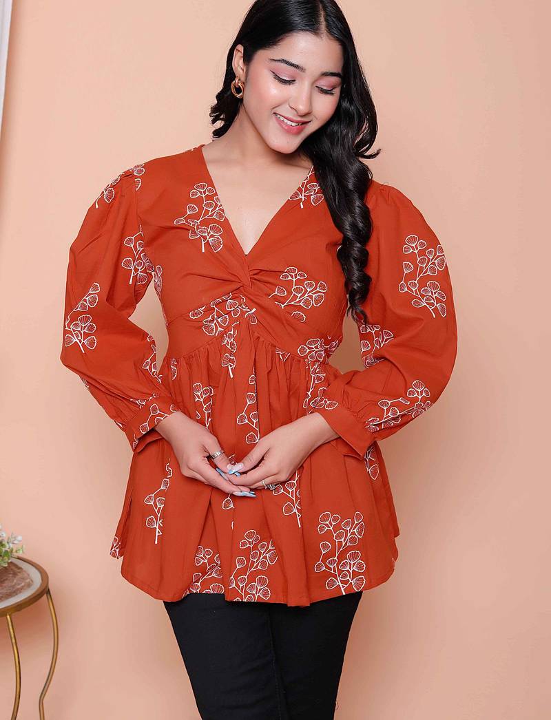   womens rust floral printed balloon sleeves v neck butterfly  top