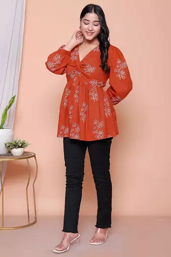 rust floral printed balloon sleeve dress for women