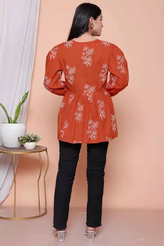 rust floral printed balloon sleeve dress for women