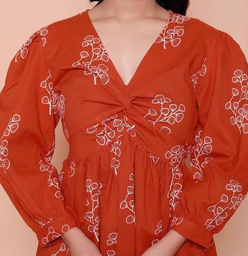 rust floral printed balloon sleeve dress for women 5