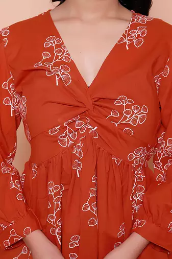 rust floral printed balloon sleeve dress for women