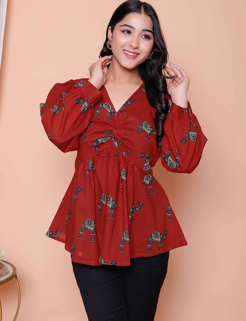 brown animal printed balloon sleeve dress for women