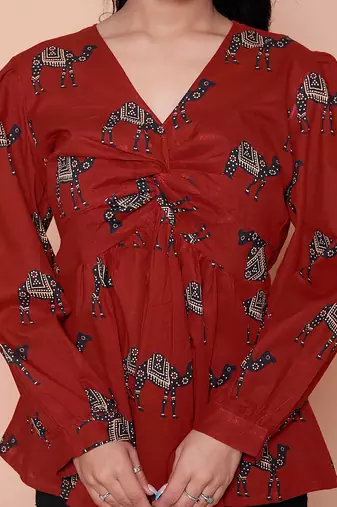 brown animal printed balloon sleeve dress for women