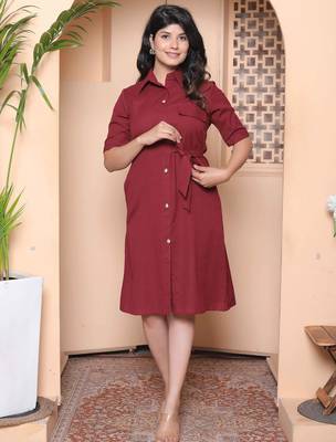 maroon solid a-line dress with belt for women 1