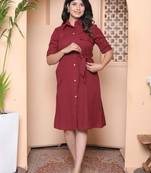 maroon solid a-line dress with belt for women