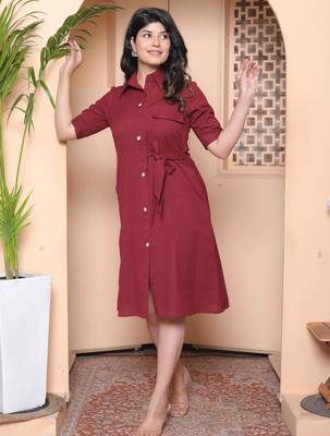 maroon solid a-line dress with belt for women 3