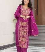 Magenta Chinon Zari & Thread Embroidered Kurta Set