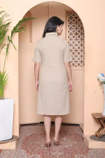 beige solid midi dress with belt for women