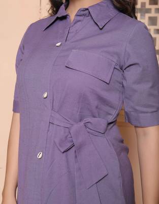 purple solid half sleeve midi dress for women 5