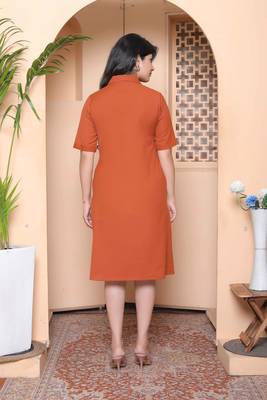 rust solid midi dress with side slit for women 4