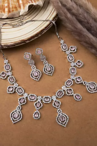 Luxury look pink american diamond necklace set