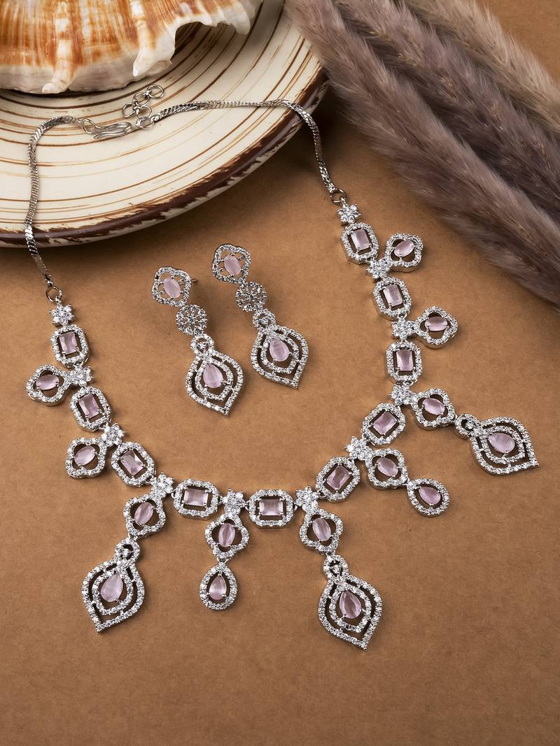 Luxury look pink american diamond necklace set