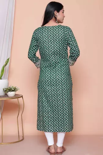 green zigzag print embroidered kurta set for women