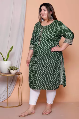 plus size green zigzag print embroidered kurta set for women