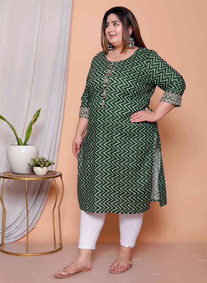   womens plus size green zigzag  print embroidery rayon straight kurti