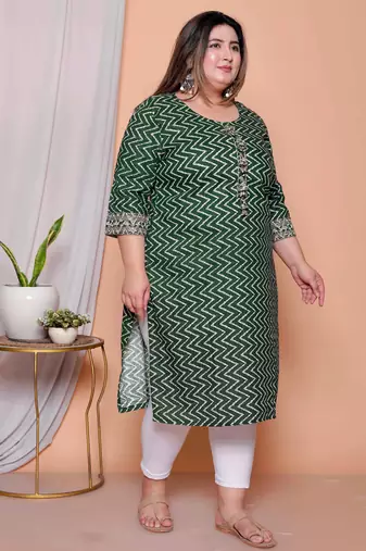 plus size green zigzag print embroidered kurta set for women