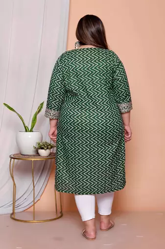 plus size green zigzag print embroidered kurta set for women