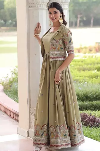 Green Vichitra Silk Embroidered Gown & Koti	