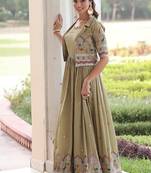 Green Vichitra Silk Embroidered Gown & Koti	