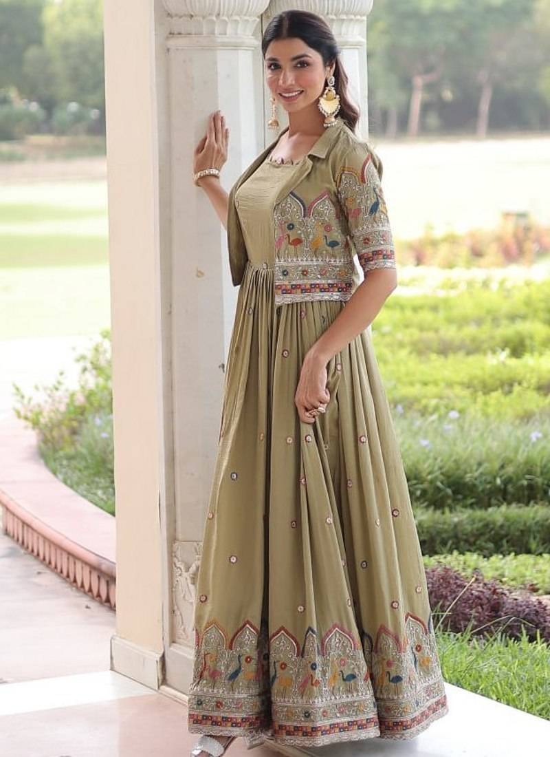 Green Vichitra Silk Embroidered Gown & Koti	