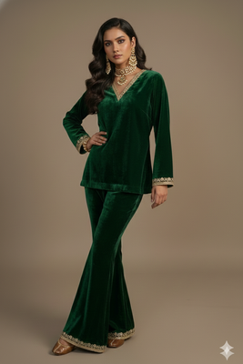 Green embroidered velvet co ord set 1