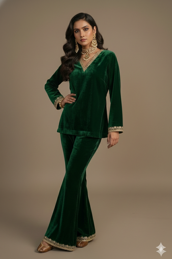 Green embroidered velvet co ord set