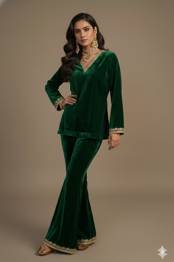 Green embroidered velvet co ord set