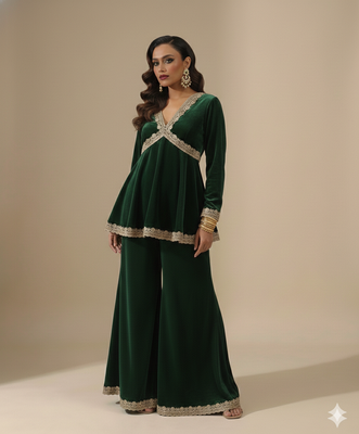 Green embroidered velvet kurta set 1