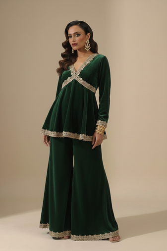Green embroidered velvet kurta set