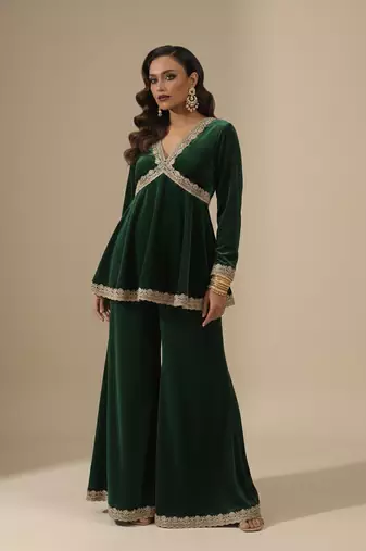 Green embroidered velvet kurta set