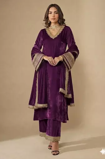 Purple embroidered velvet kurta set