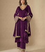 Purple embroidered velvet kurta set