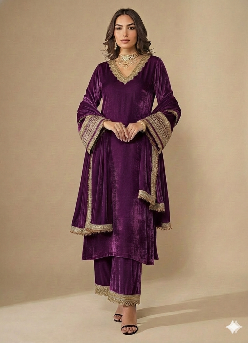 Purple embroidered velvet kurta set