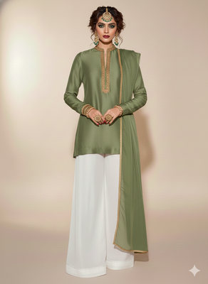 Green embroidered crepe kurta set 1