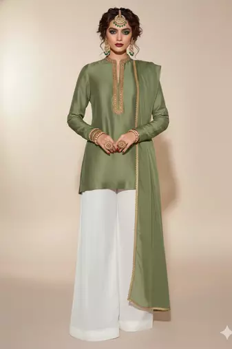 Green embroidered crepe kurta set