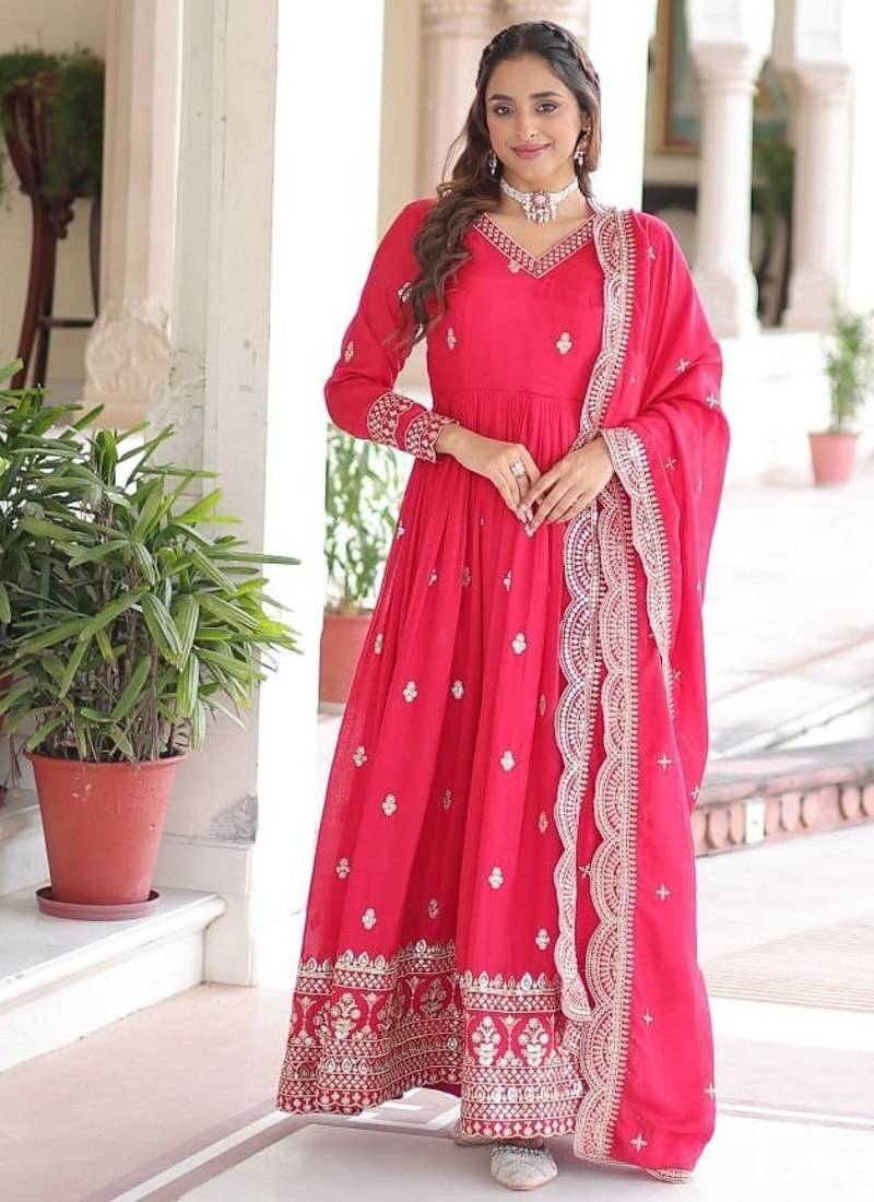 Rani Pink Vichitra Silk Embroidered Gown & Dupatta