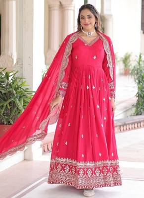 Rani Pink Vichitra Silk Embroidered Gown & Dupatta 2