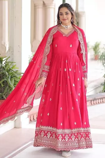 Rani Pink Vichitra Silk Embroidered Gown & Dupatta