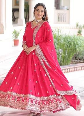 Rani Pink Vichitra Silk Embroidered Gown & Dupatta 3