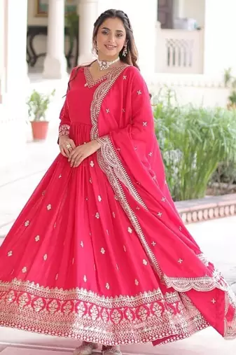 Rani Pink Vichitra Silk Embroidered Gown & Dupatta