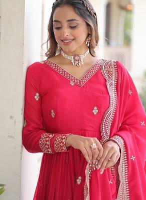 Rani Pink Vichitra Silk Embroidered Gown & Dupatta 4