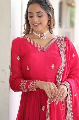 Rani Pink Vichitra Silk Embroidered Gown & Dupatta