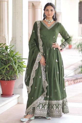 Mehandi Green Vichitra Silk Embroidered Gown & Dupatta
