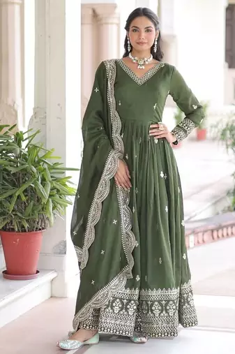 Mehandi Green Vichitra Silk Embroidered Gown & Dupatta