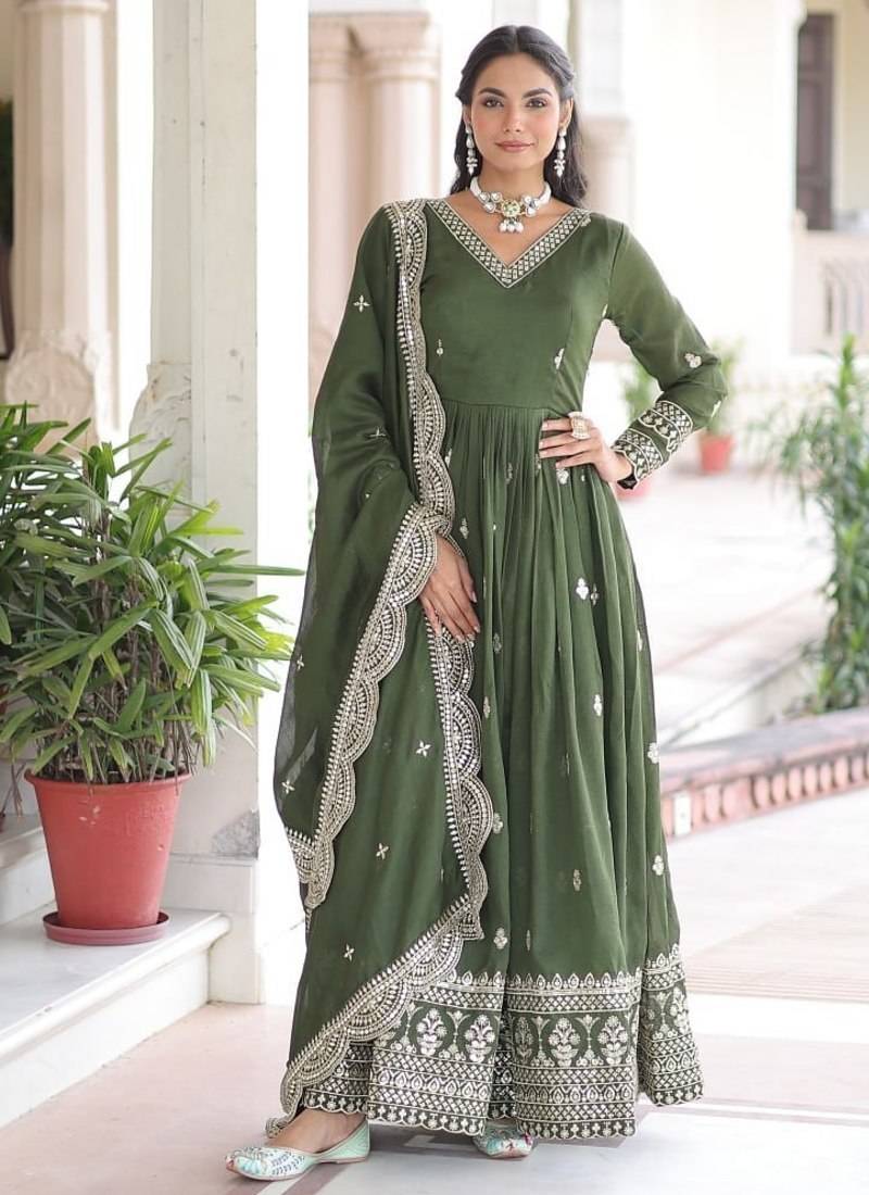 Mehandi Green Vichitra Silk Embroidered Gown & Dupatta