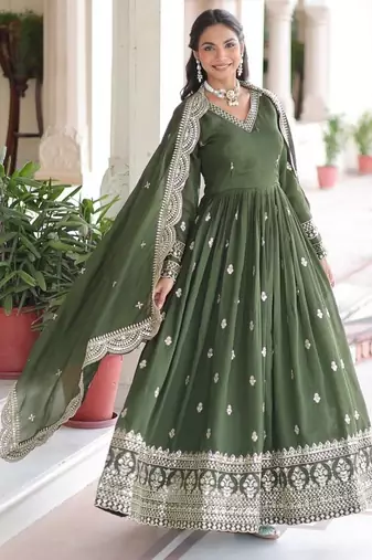 Mehandi Green Vichitra Silk Embroidered Gown & Dupatta