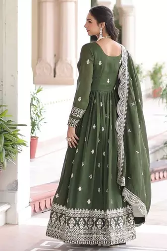 Mehandi Green Vichitra Silk Embroidered Gown & Dupatta