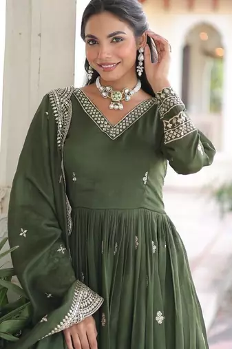 Mehandi Green Vichitra Silk Embroidered Gown & Dupatta