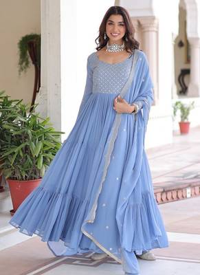 Sky Georgette Sequins & Zari Work Gown with Dupatta 1